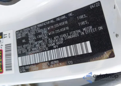 2022 Toyota Highlander Xle z USA, uszkodzony, nr VIN 5TDHZRBH8NS577430